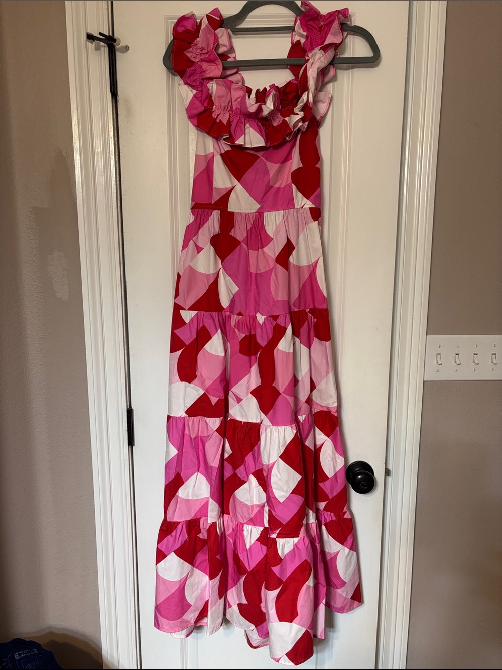 Peach Love California Pink Red White Maxi Dress with Ruffle Neckline